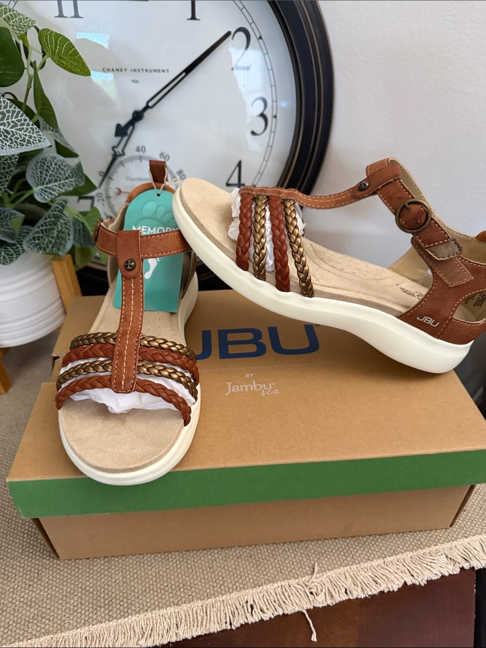 JBU Women's Brown Braided T-Strap Sandals with White Sole